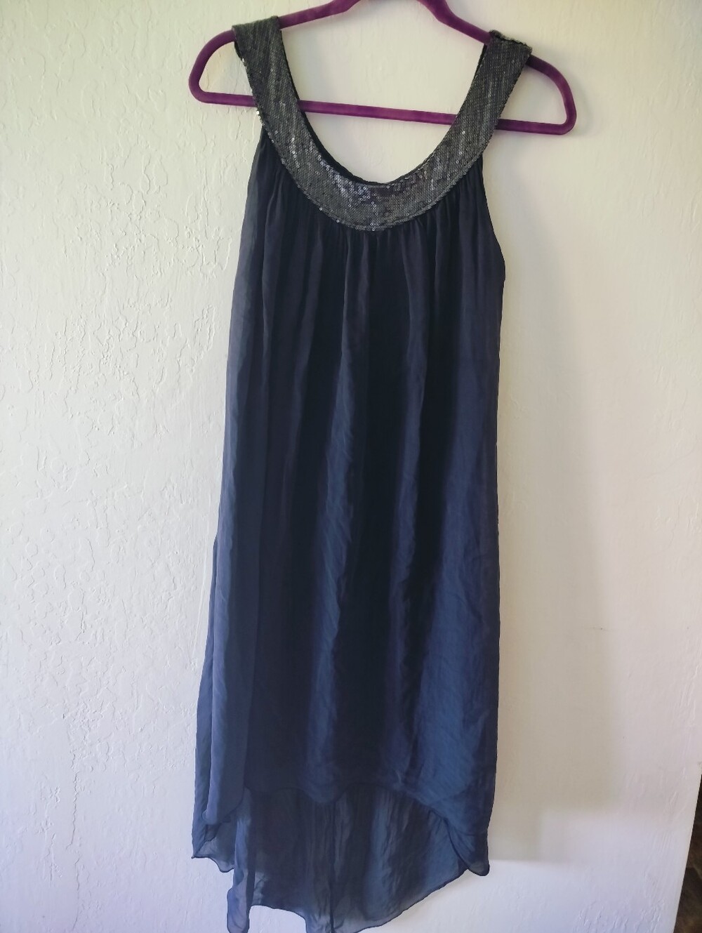 Giulia Italy 100% Silk Sequin Neckline High-Low Dress Blue Small Viscose Lining